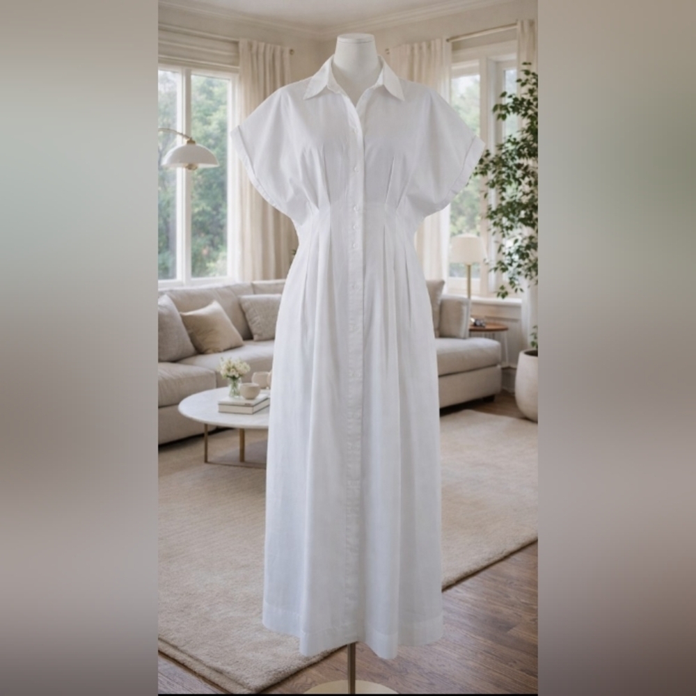 White Button-Front Midi Shirt Dress